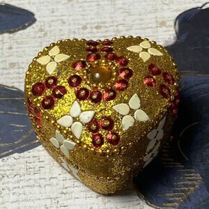 Exquisite Estate Gold Red and White Floral Trinket Box from India